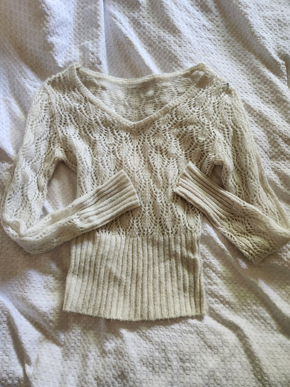 Worthington Cream Open-Knit V-Neck Sweater